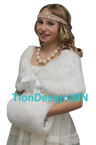 White faux fur shawl for flower girl, fur shrug cape for kid