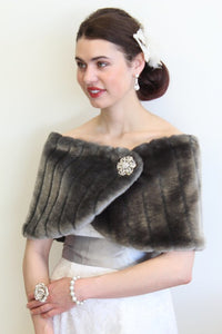 Bridal Fur Wrap Shawl,  Gray faux fur wedding  wrap, fur shrug