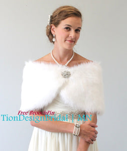 Bridal White Faux Fur Wrap Shawl Stole for Brides Winter Wedding