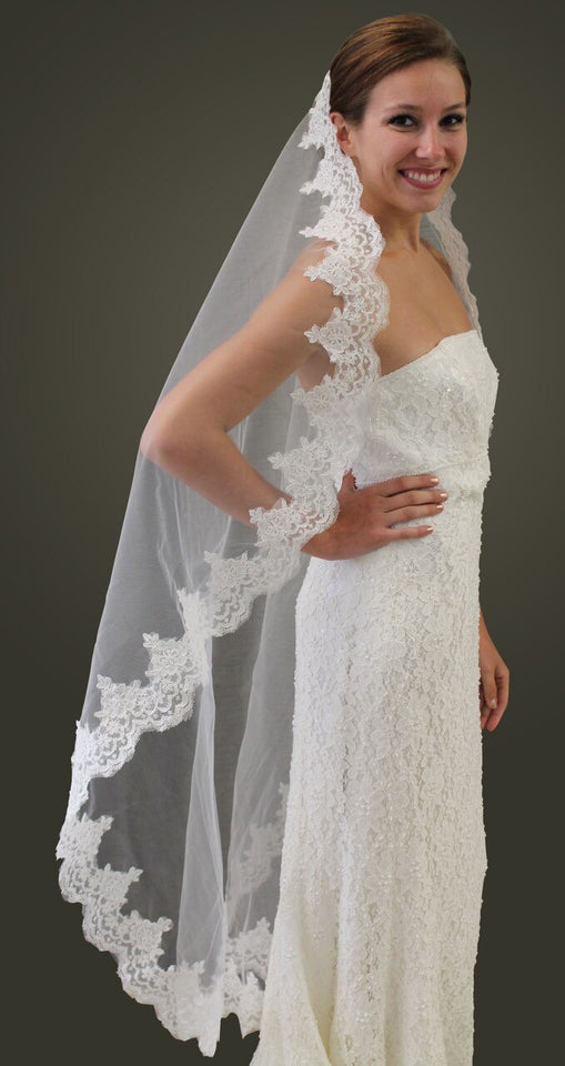 Ivory Alencon Lace One Tier 65" Bridal Wedding Veil
