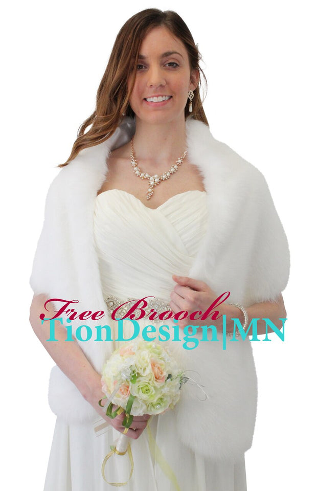 White faux fur stole, bridal fur wrap, wedding fur shawl, faux fur shrug