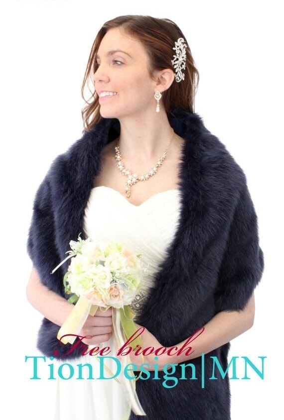 Navy Blue Bridal Fur Stole, Faux Fur Wedding Shawl