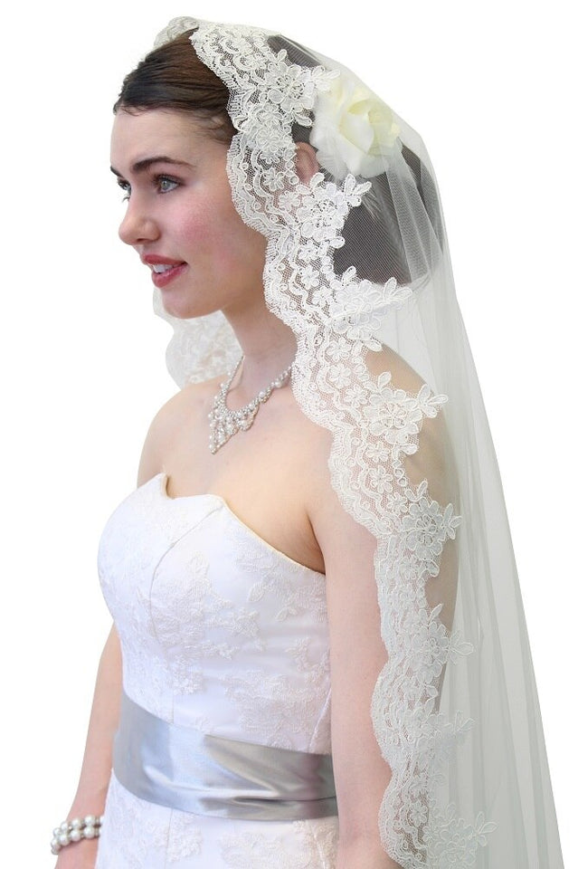 Ivory Alencon Lace One Tier 65" Bridal Wedding Veil