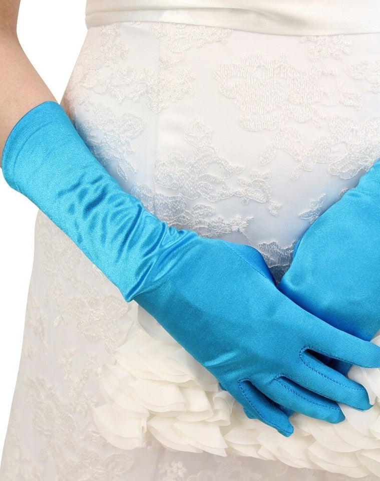 Turquoise Satin Gloves - Below Elbow Length