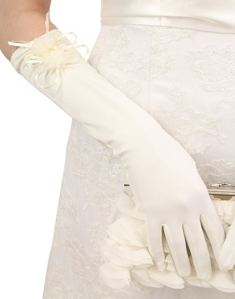 Ivory Bows Satin Gloves - Below Elbow Length